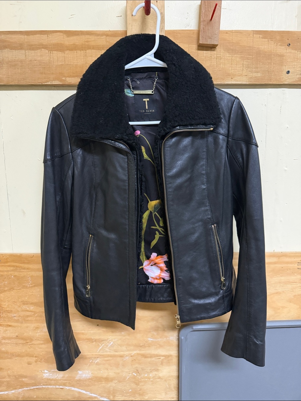 Ted Baker Black Leather Jacket with Shearling Collar